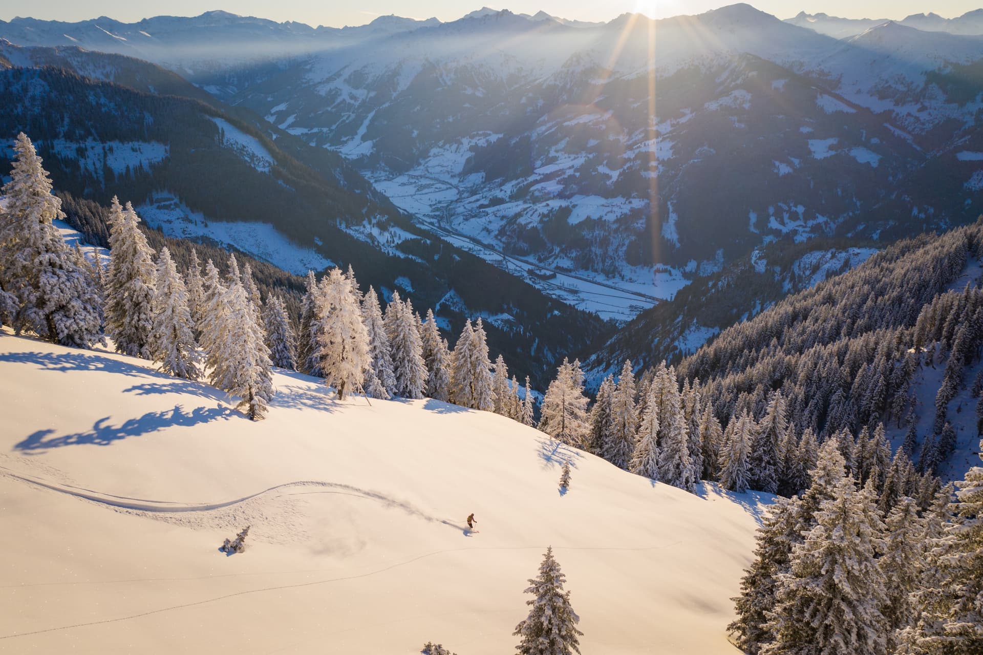 Skiier carving down off piste mountain at sunset