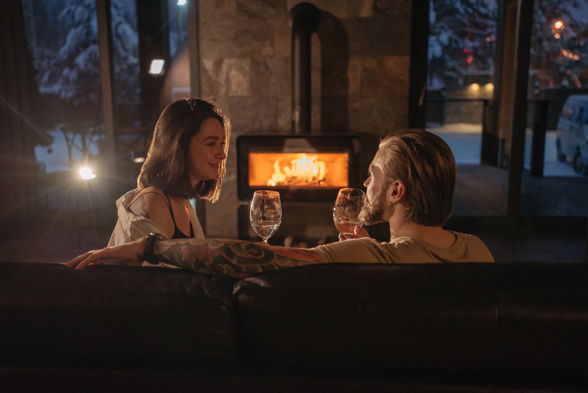 Couple-Chalet-Fireplace-Wine