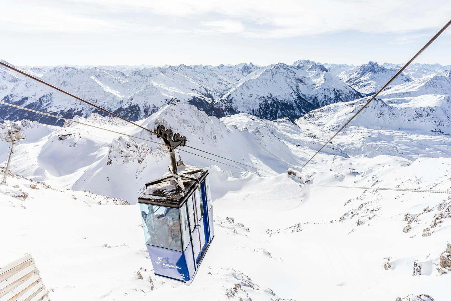 Gondola taking skiers to top of mountain in St Anton ski resort