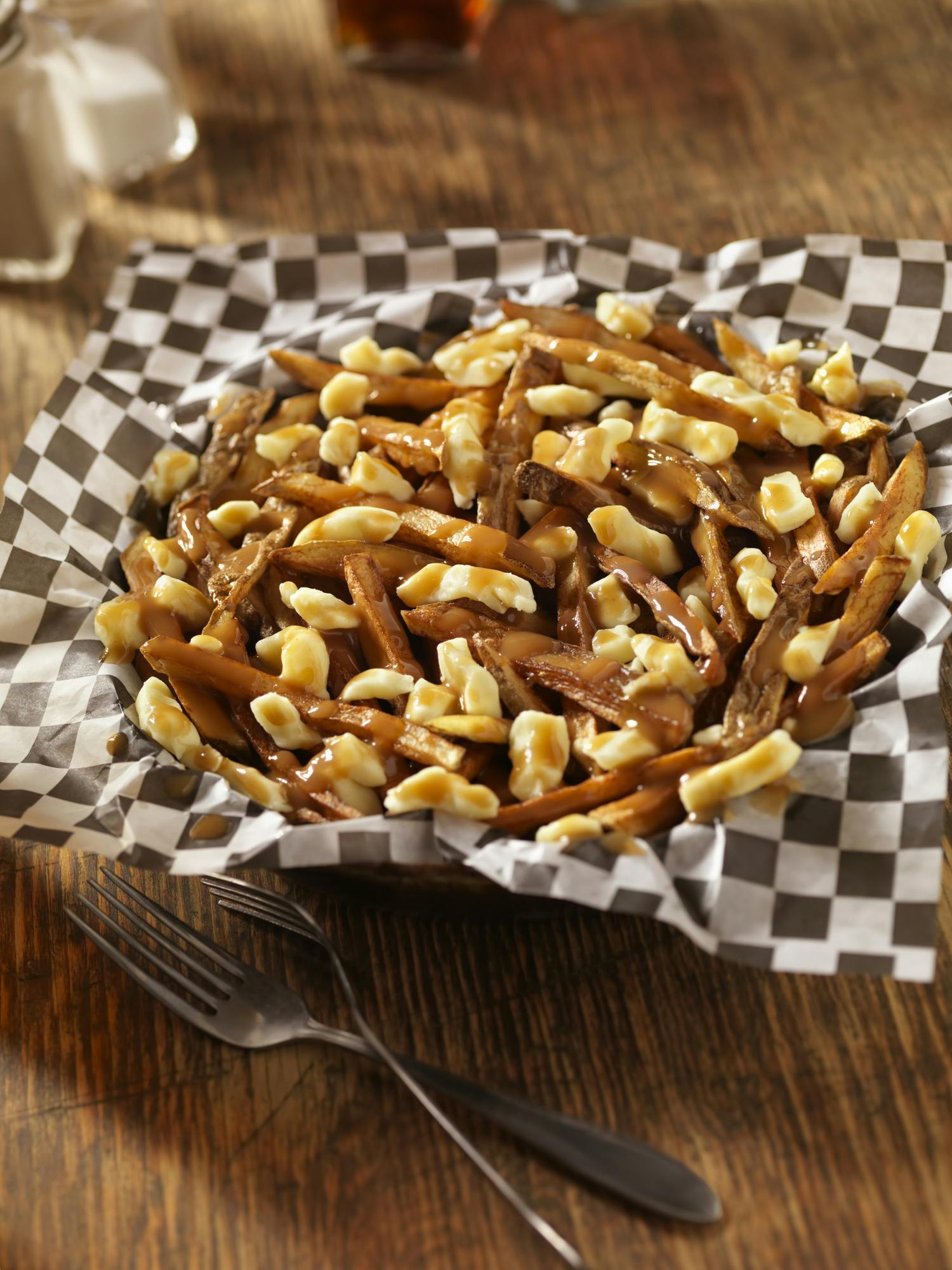 A bowl of poutine - chips, gravy and cheese curds