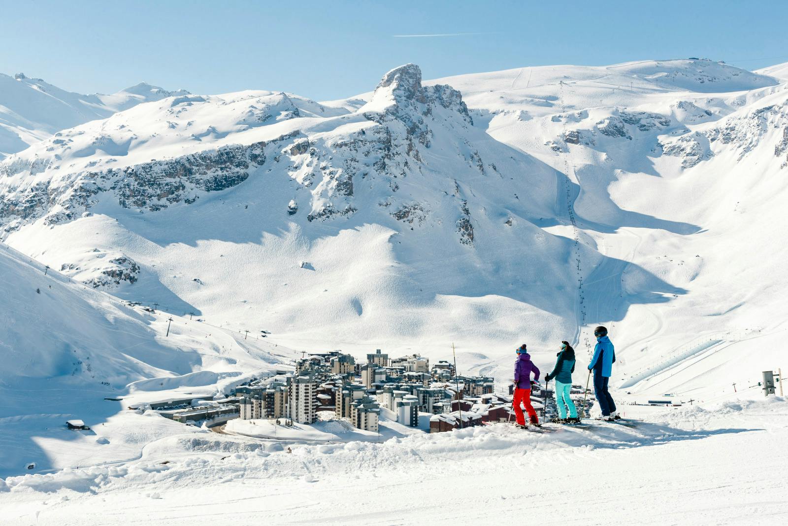 Family of skiiers overlooking Tignes Ski Resort