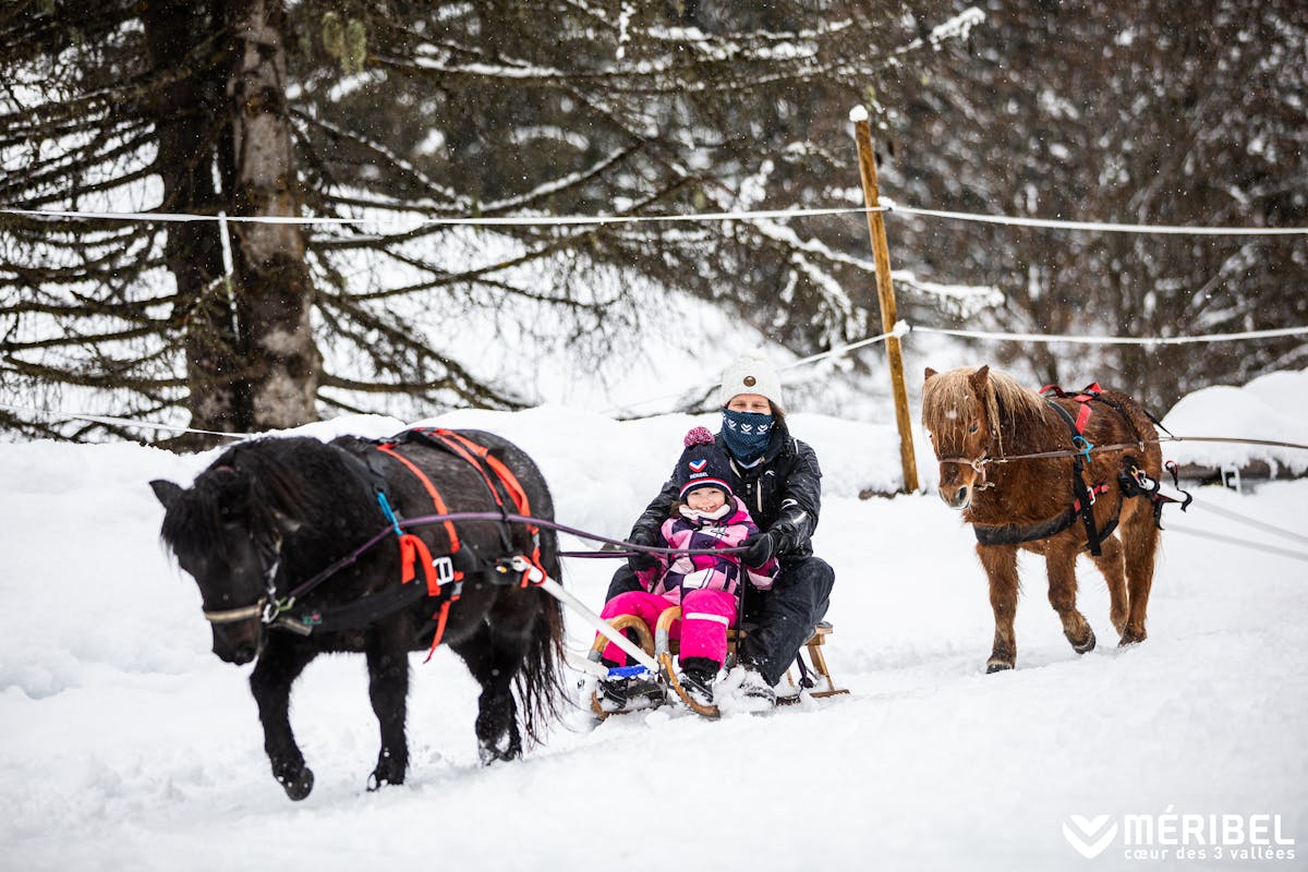 young child enjoying pony drawn carriage ride in snowy resort of Meribel