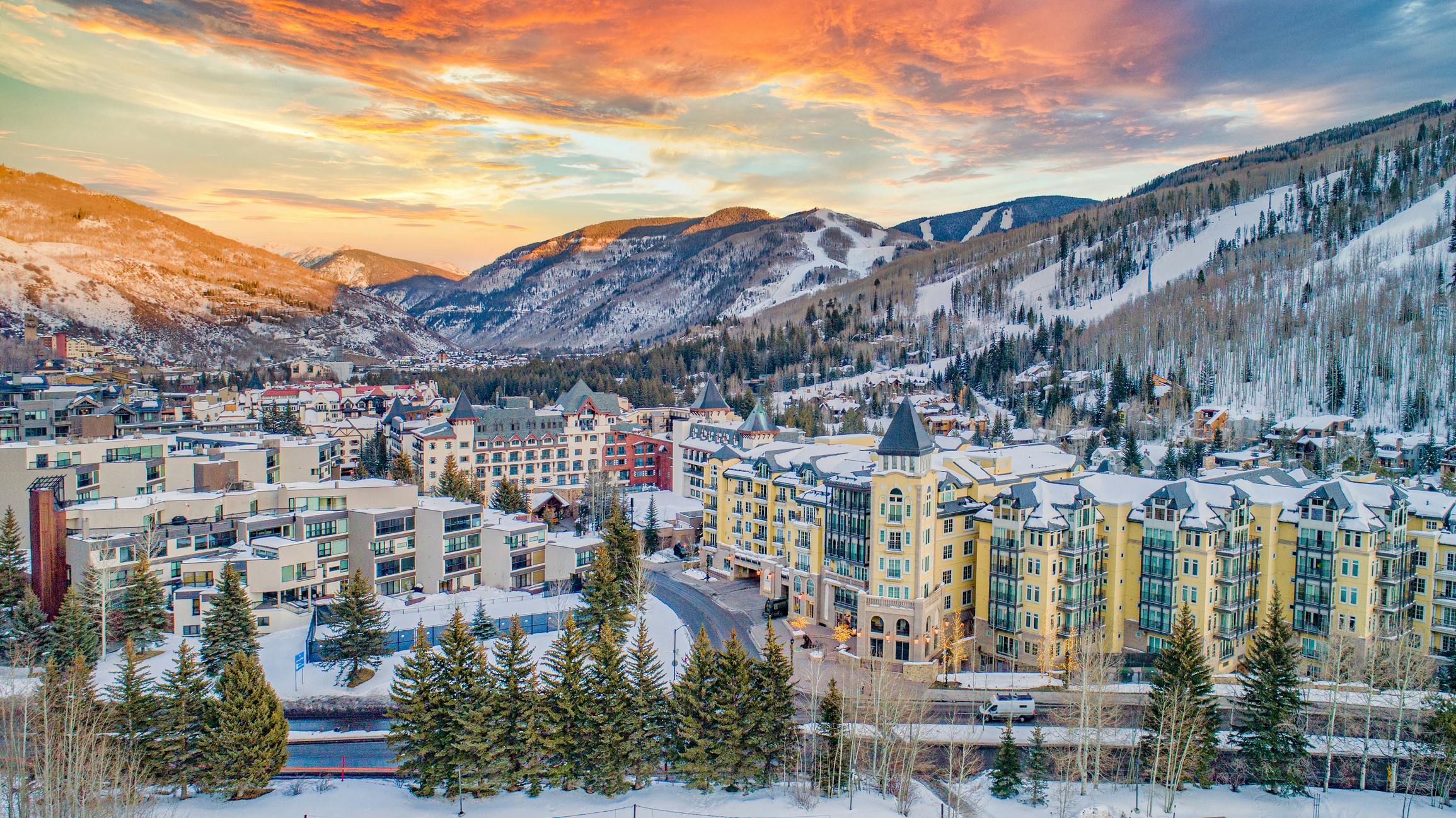 View of Vail with the mountains and sunset in the background