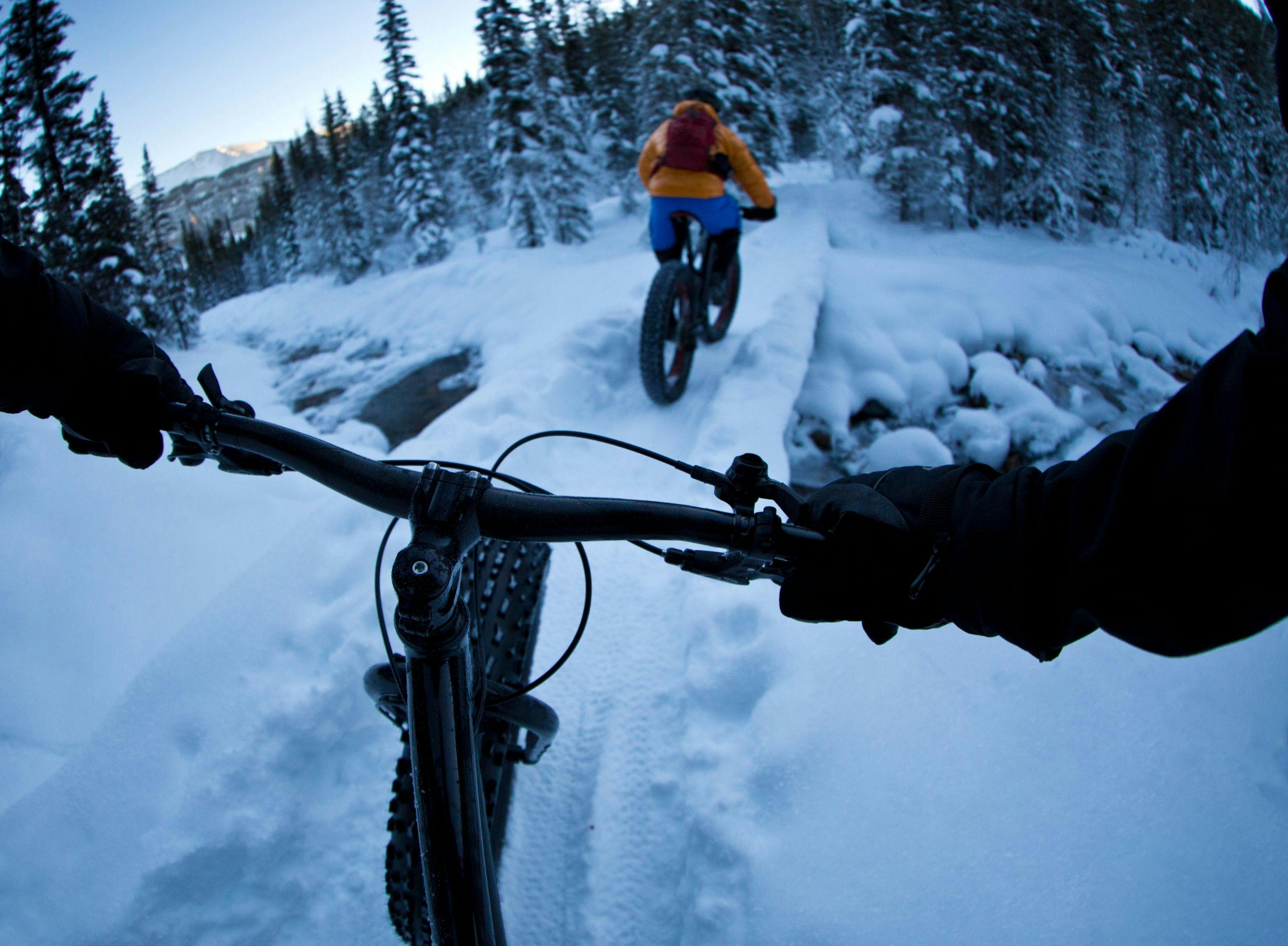 Person fat biking in snow in the mountains