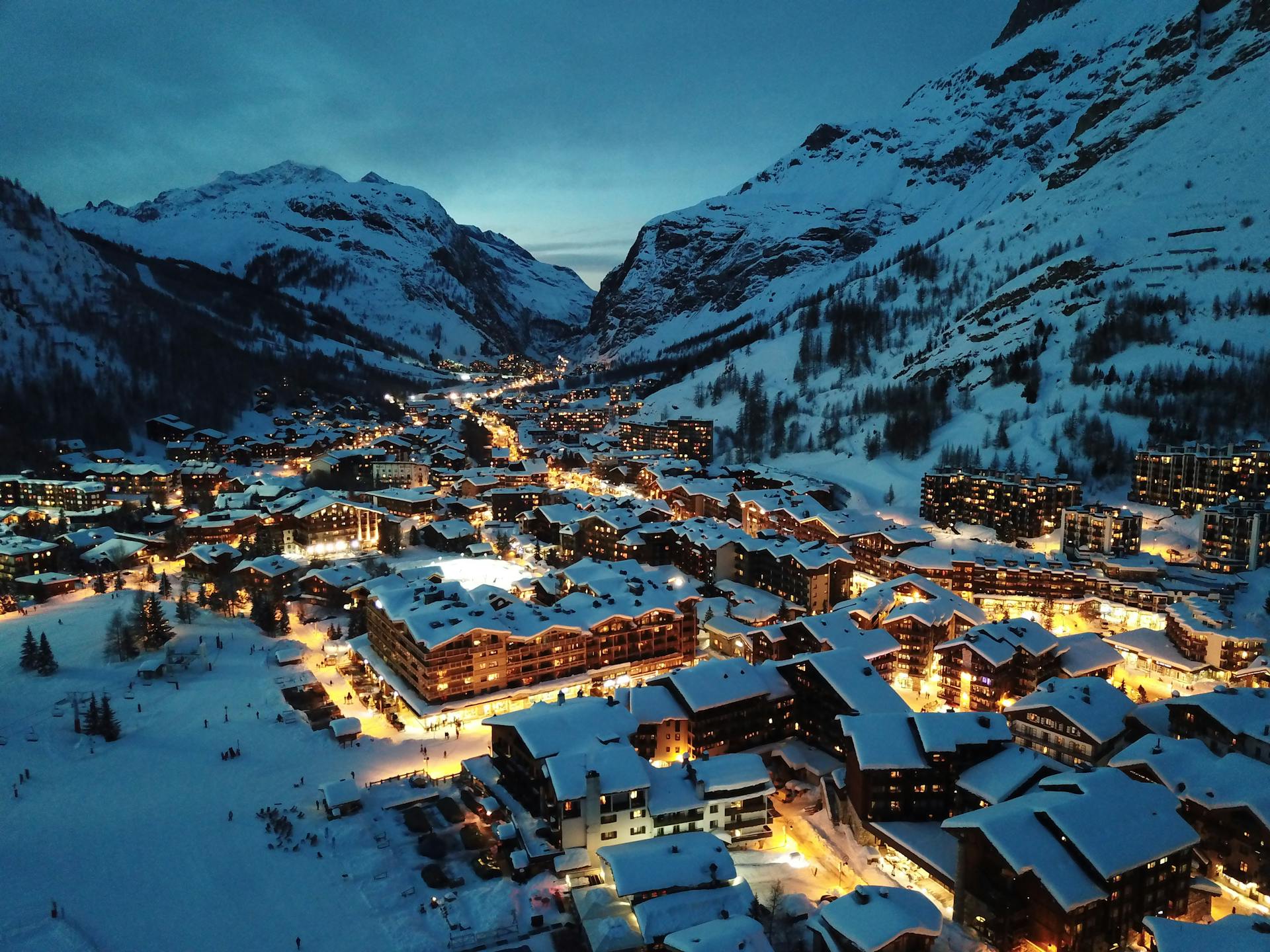 Val D'Isere ski resort at dusk with lights on