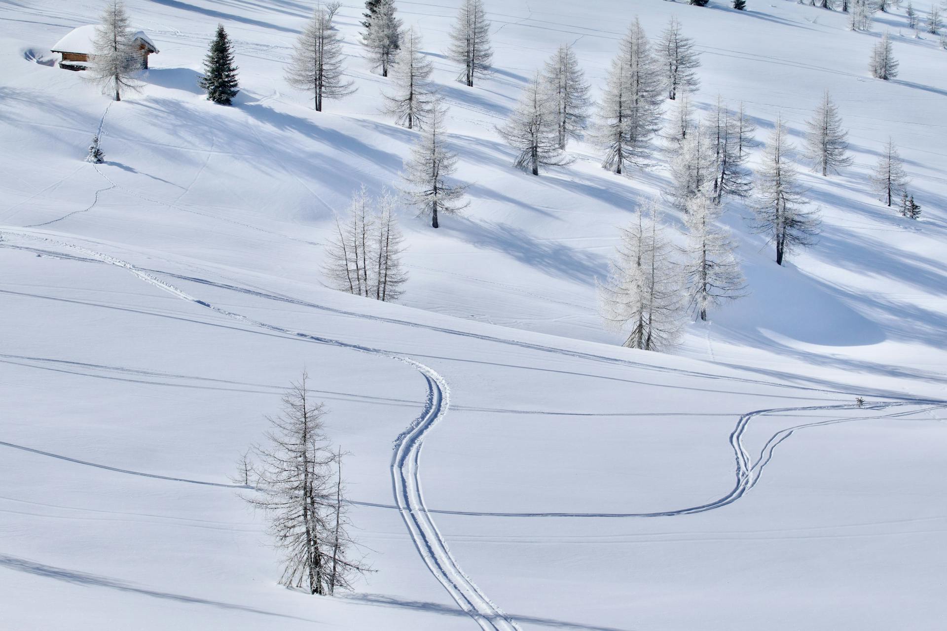 Snowtracks in snowy landscape in Italy