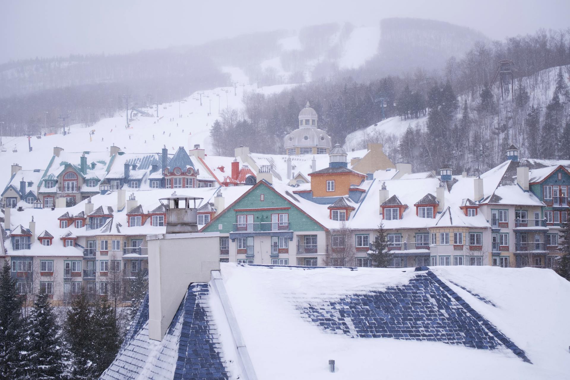 Tremblant buildings with ski piste in the background