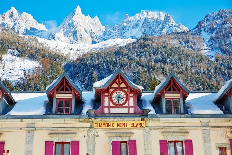 Chamonix train station with mountains in background